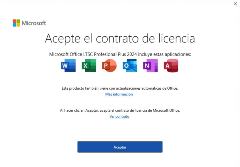 Pestaña de aceptación del contrato de licencia